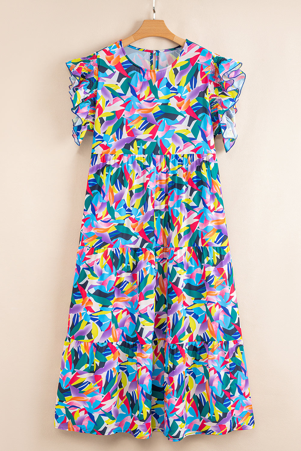 Blue Geometric Print Ruffled Short Sleeve Plus Size Tiered Maxi Dress Plus Size Maxi Dresses JT's Designer Fashion