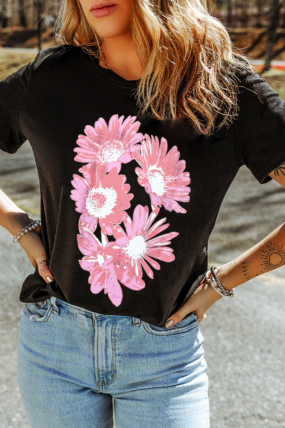 Black Pink Daisy Flower Printed Cotton Blend T Shirt Graphic Tees JT's Designer Fashion