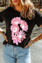 Black Pink Daisy Flower Printed Cotton Blend T Shirt Graphic Tees JT's Designer Fashion