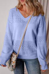 Sky Blue Eyelet Pattern Detail V Neck Drop Shoulder Sweater Sky Blue 100%Polyester Sweaters JT's Designer Fashion