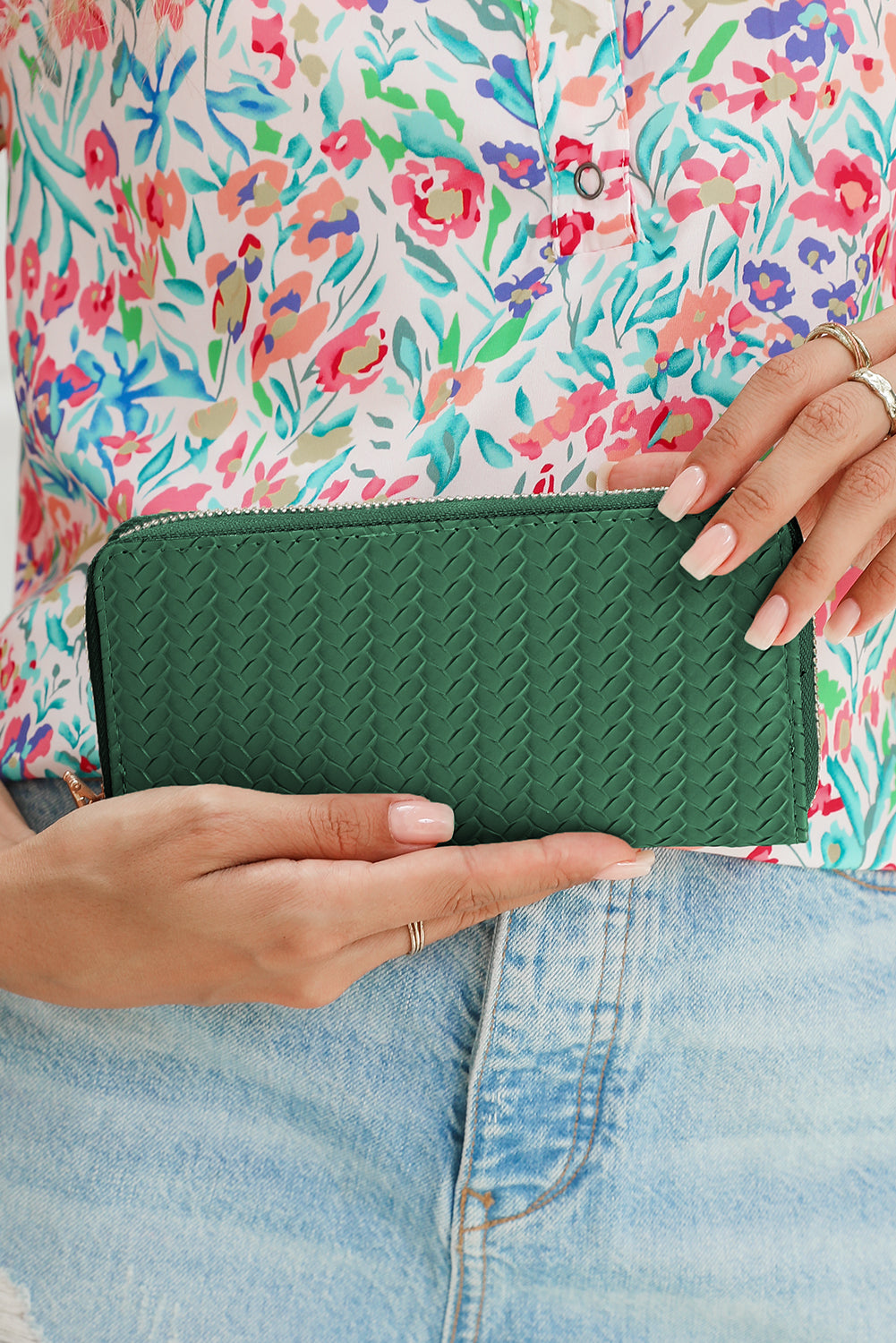 Blackish Green Woven Textured Zip Around Long Wallet Handbags JT's Designer Fashion