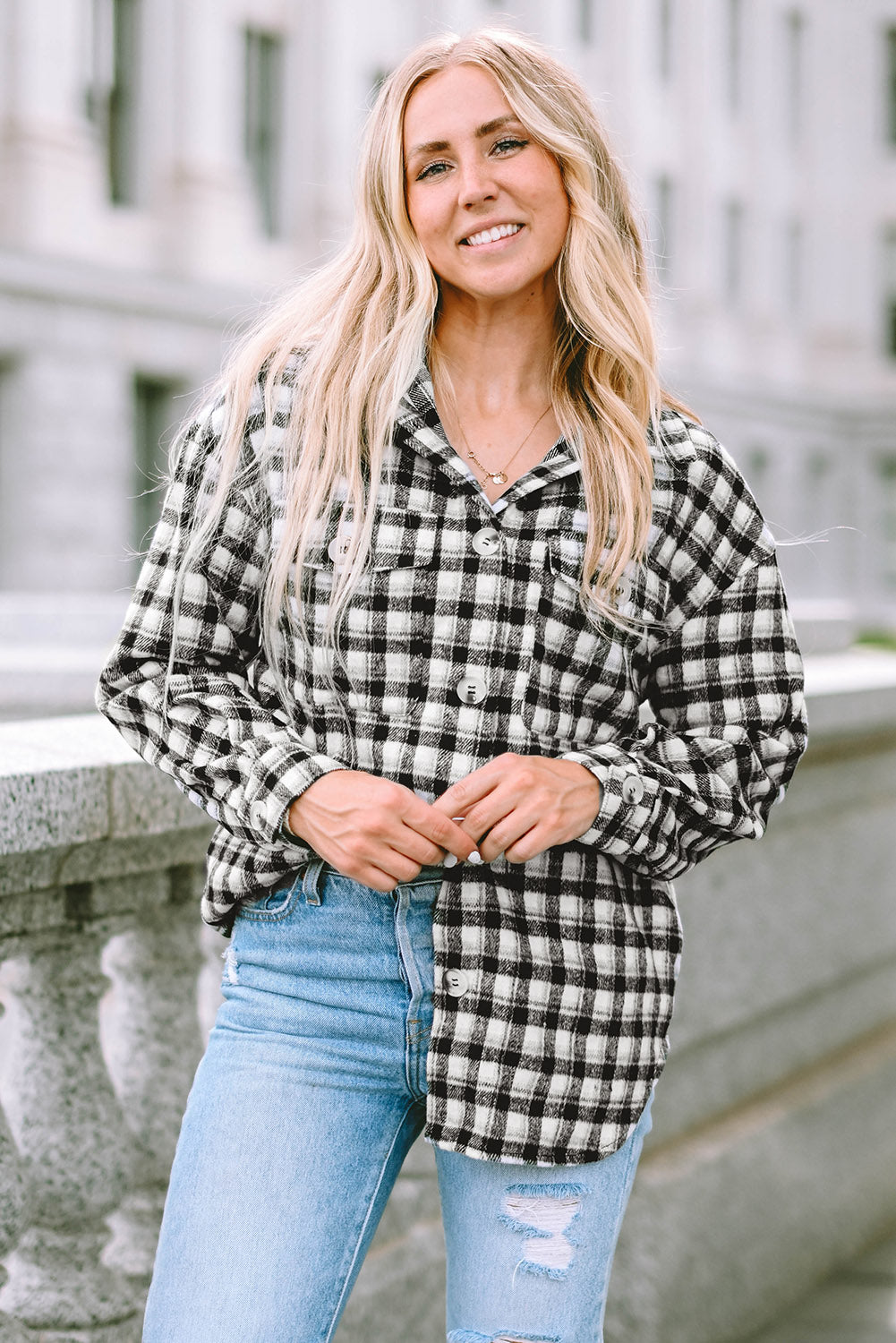 Black Plaid Print Chest Pockets Buttoned Tunic Shacket Plaid Shackets JT's Designer Fashion