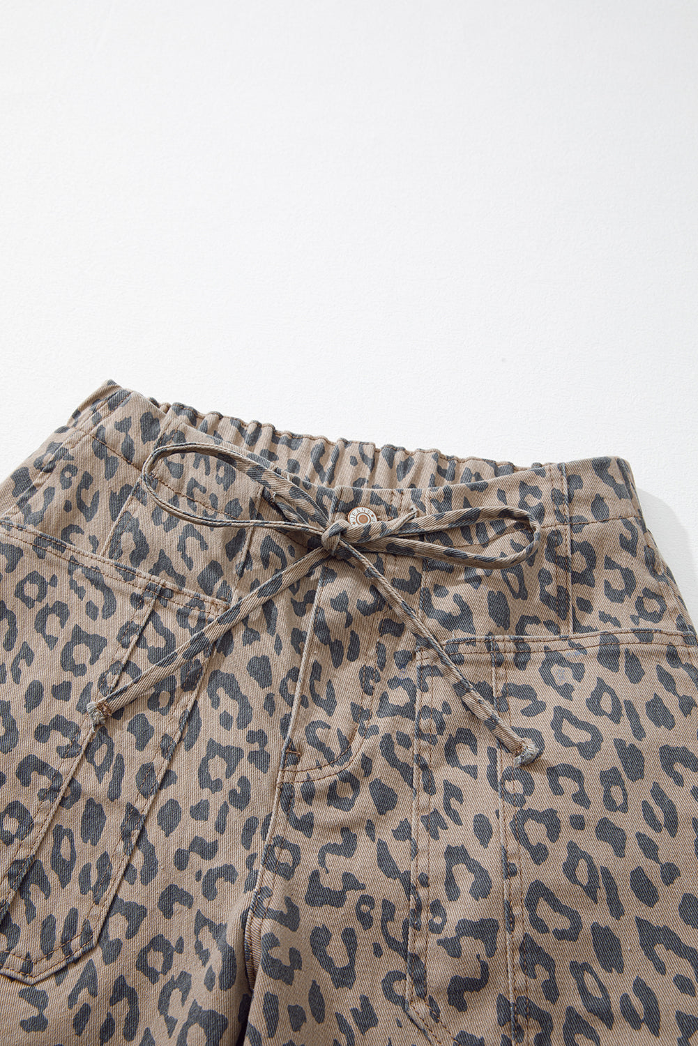 Khaki Leopard Printed Drawstring Elastic Waistband Pocketed Wide Leg Jeans Jeans JT's Designer Fashion