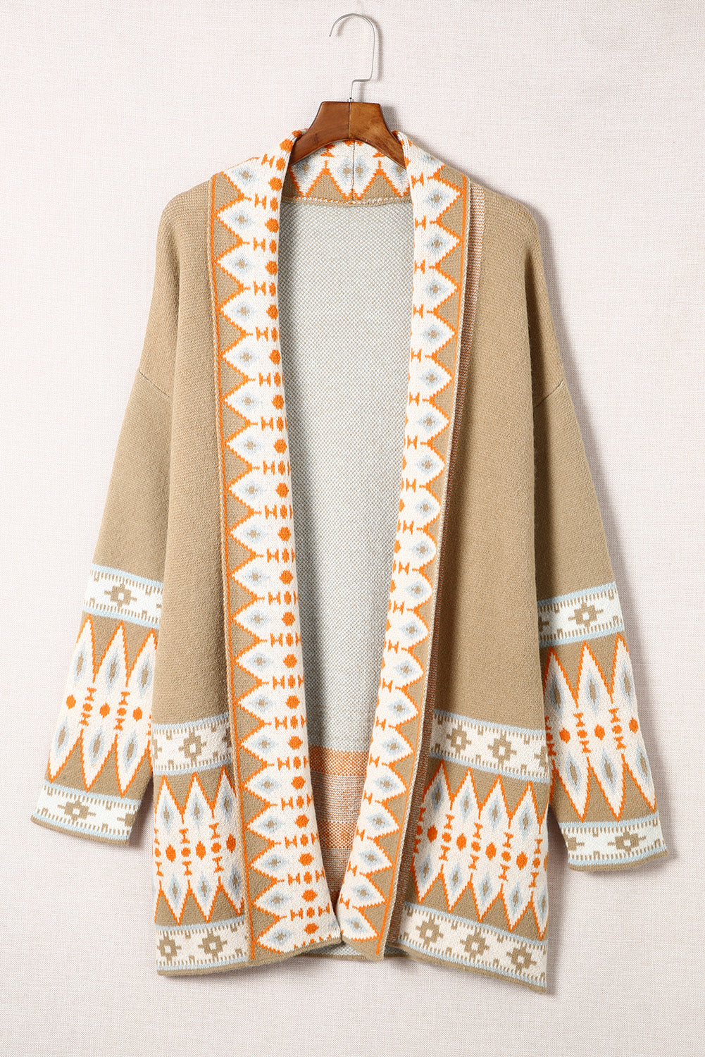 Khaki Aztec Print Open Front Knitted Cardigan Sweaters & Cardigans JT's Designer Fashion