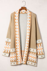 Khaki Aztec Print Open Front Knitted Cardigan Sweaters & Cardigans JT's Designer Fashion