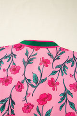 Pink Floral Contrast Neckline A-line Puff Sleeve Long Dress Maxi Dresses JT's Designer Fashion