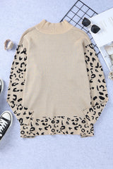 Khaki Leopard High Neck Side Slit Oversized Sweater Sweaters & Cardigans JT's Designer Fashion