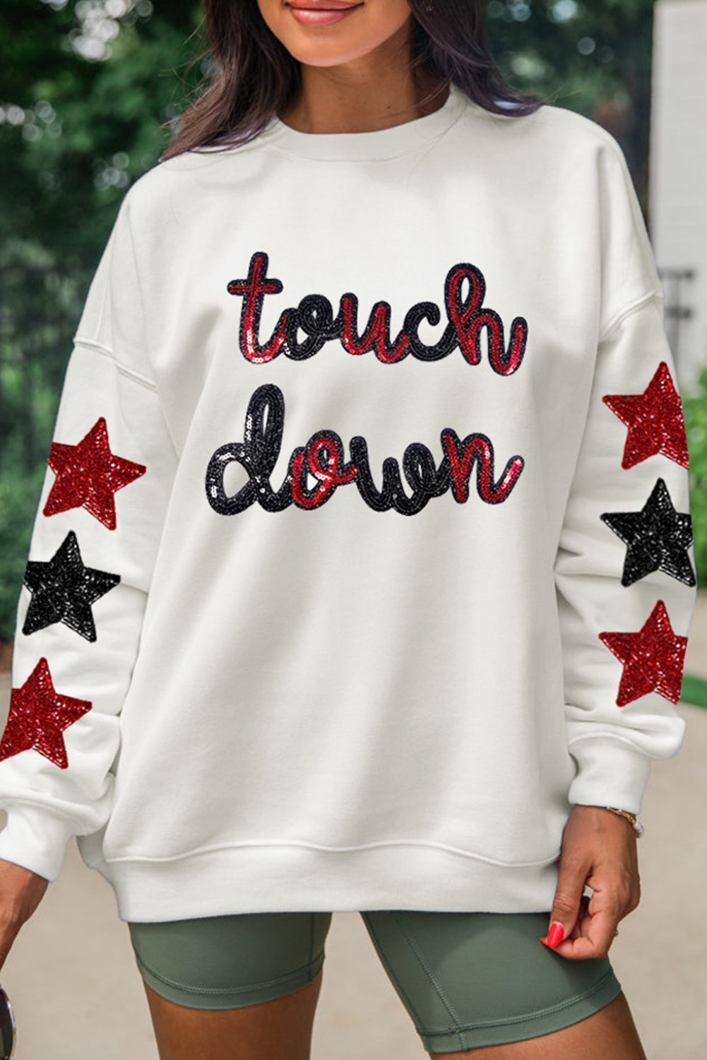 Beige Sequined Touch Down Graphic Star Drop Shoulder Sweatshirt Beige 50%Polyester+50%Cotton Graphic Sweatshirts JT's Designer Fashion