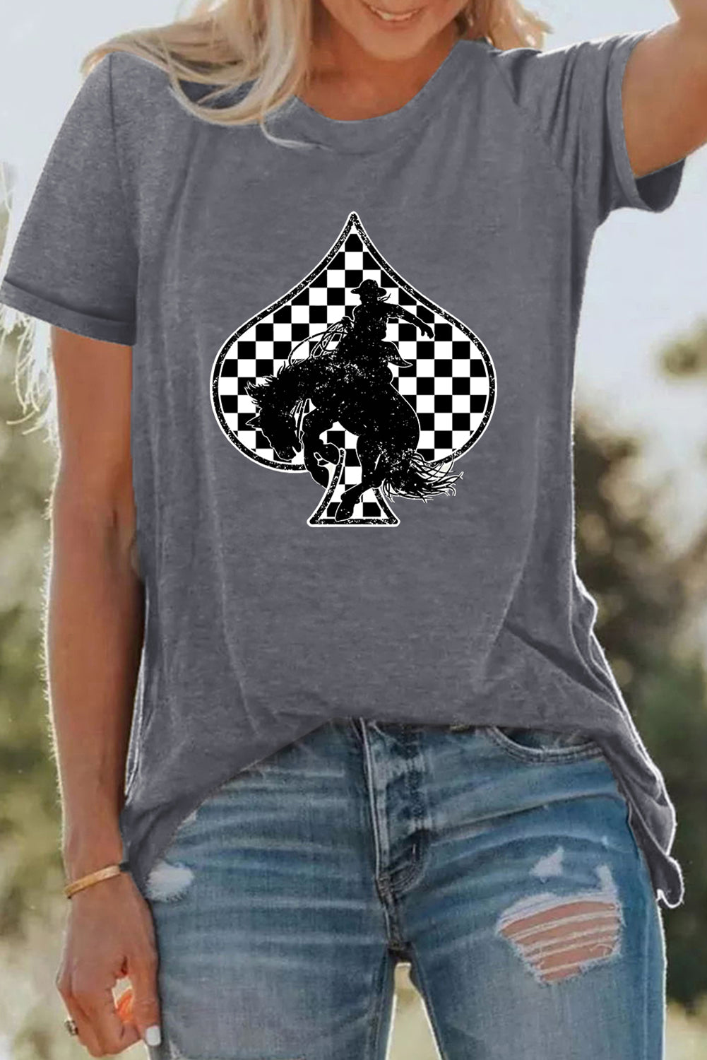 Gray Redeo Check Spades Western Graphic T Shirt Graphic Tees JT's Designer Fashion