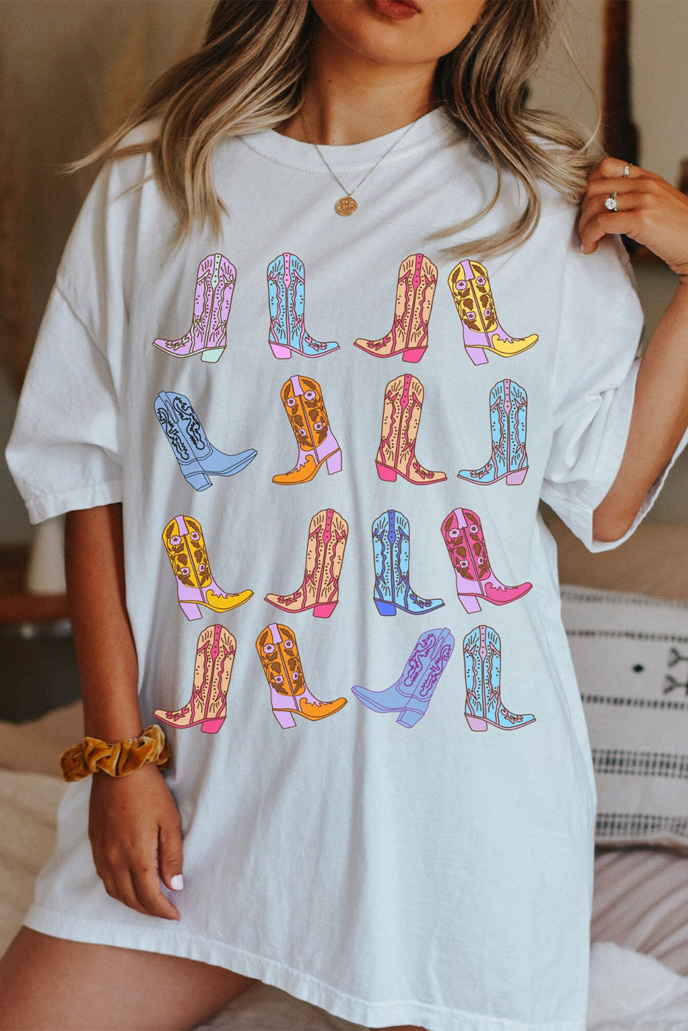 White Western Cowgirl Boots Graphic Crewneck Tunic T Shirt Graphic Tees JT's Designer Fashion