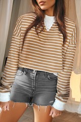 Khaki Stripe Patched Edge Textured Round Neck Long Sleeve Top Long Sleeve Tops JT's Designer Fashion