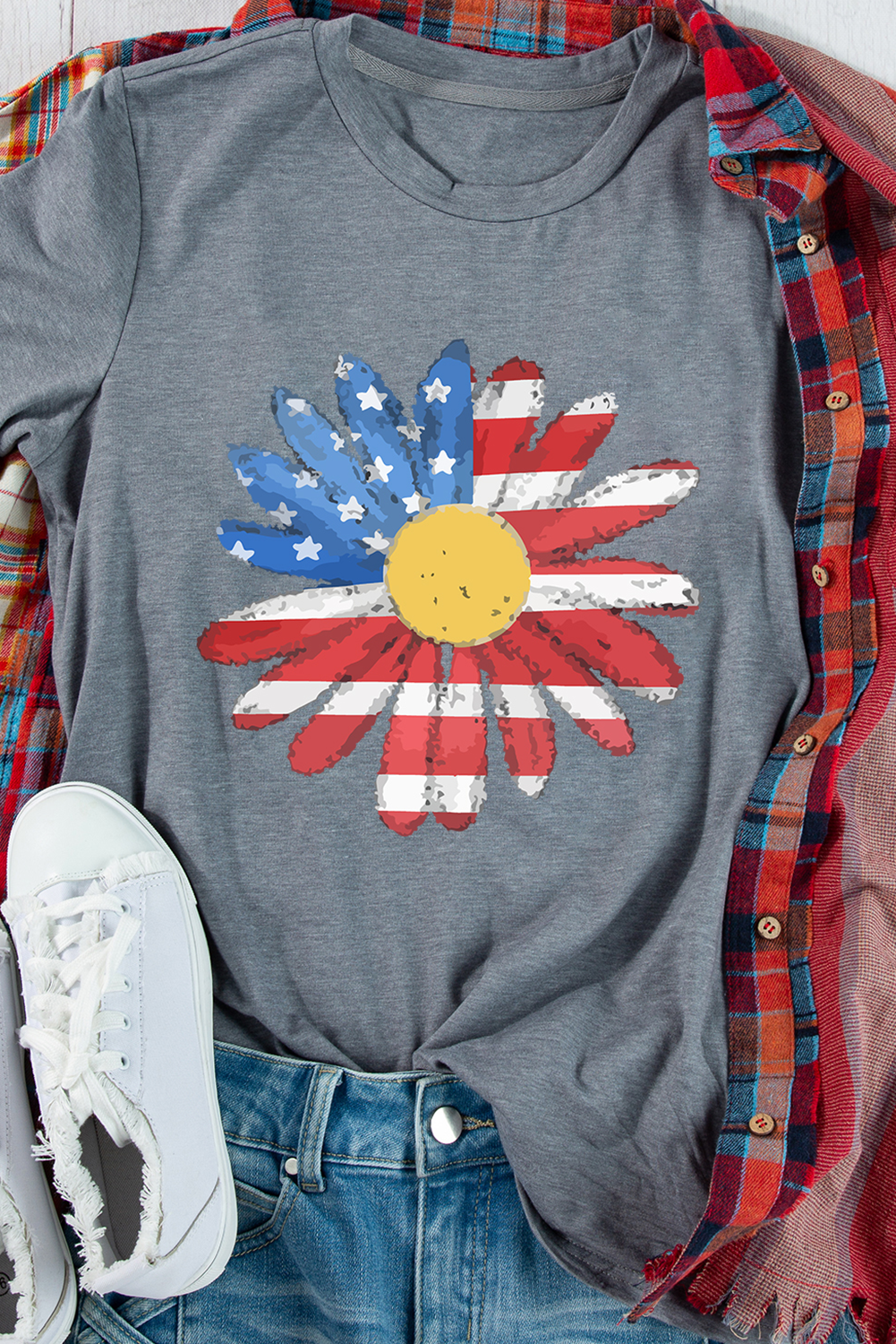Gray Flag Pattern Sunflower Graphic Crew Neck Tee Graphic Tees JT's Designer Fashion