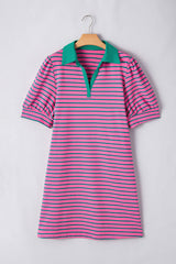 Rose Stripe Collared V Neck Puff Sleeve Shift T Shirt Dress with Pockets Plus Size Mini Dresses JT's Designer Fashion