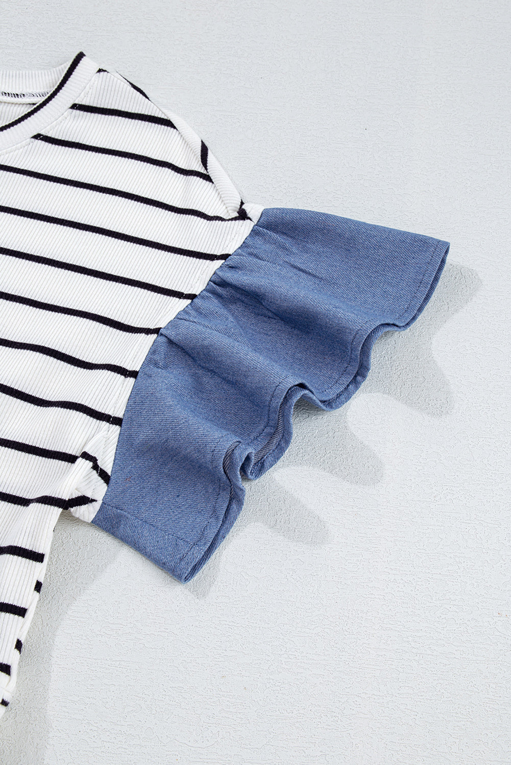 Black Stripe Ruffle Denim Patchwork Round Neck Mini Dress Mini Dresses JT's Designer Fashion