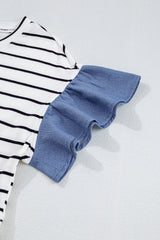 Black Stripe Ruffle Denim Patchwork Round Neck Mini Dress Mini Dresses JT's Designer Fashion