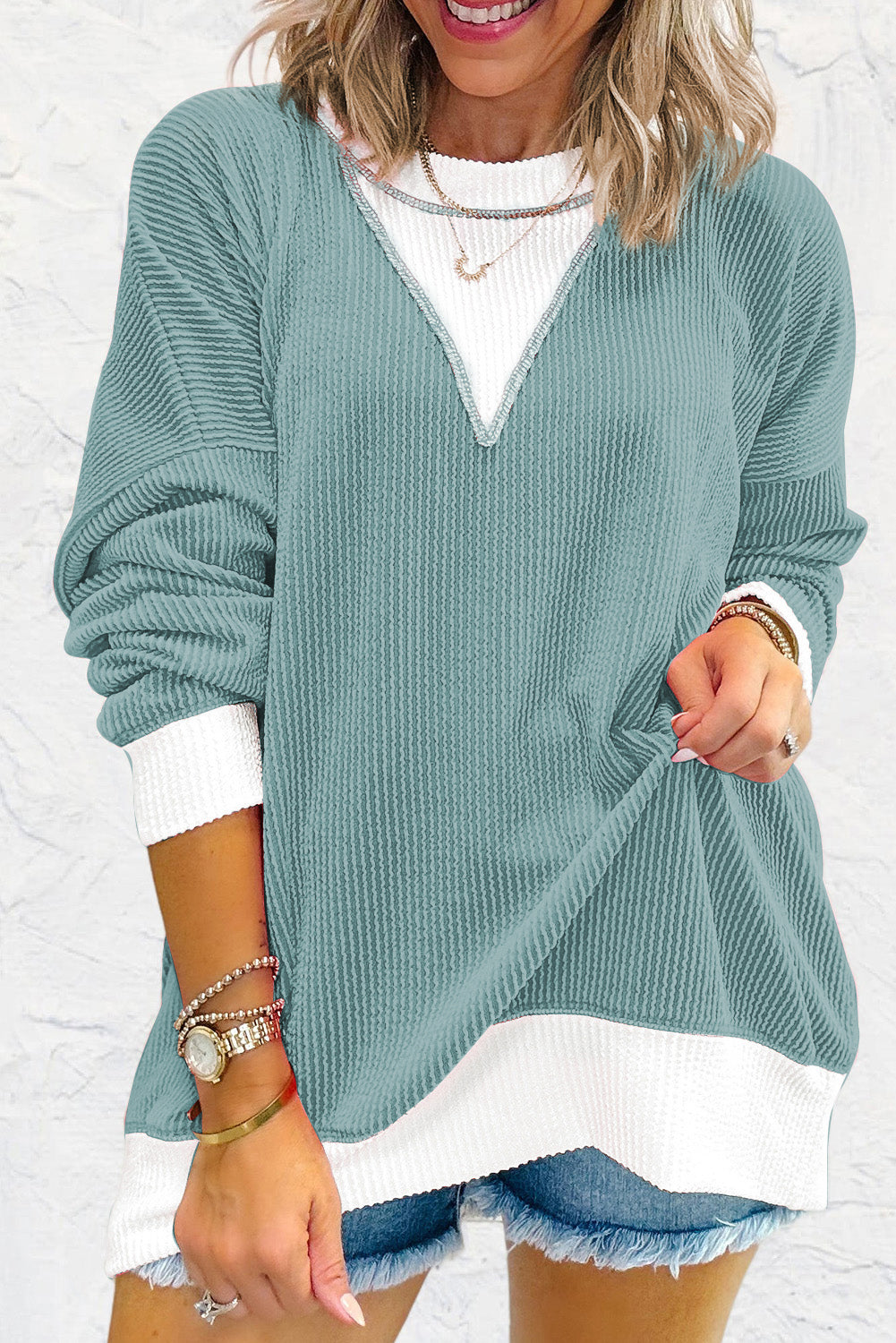 Light Blue Corded Colorblock Drop Shoulder Loose Top Long Sleeve Tops JT's Designer Fashion