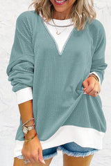 Light Blue Corded Colorblock Drop Shoulder Loose Top Long Sleeve Tops JT's Designer Fashion
