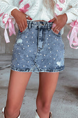 Dusk Blue Rhinestone Distressed Denim High Waist Mini Skirt Skirts & Petticoat JT's Designer Fashion