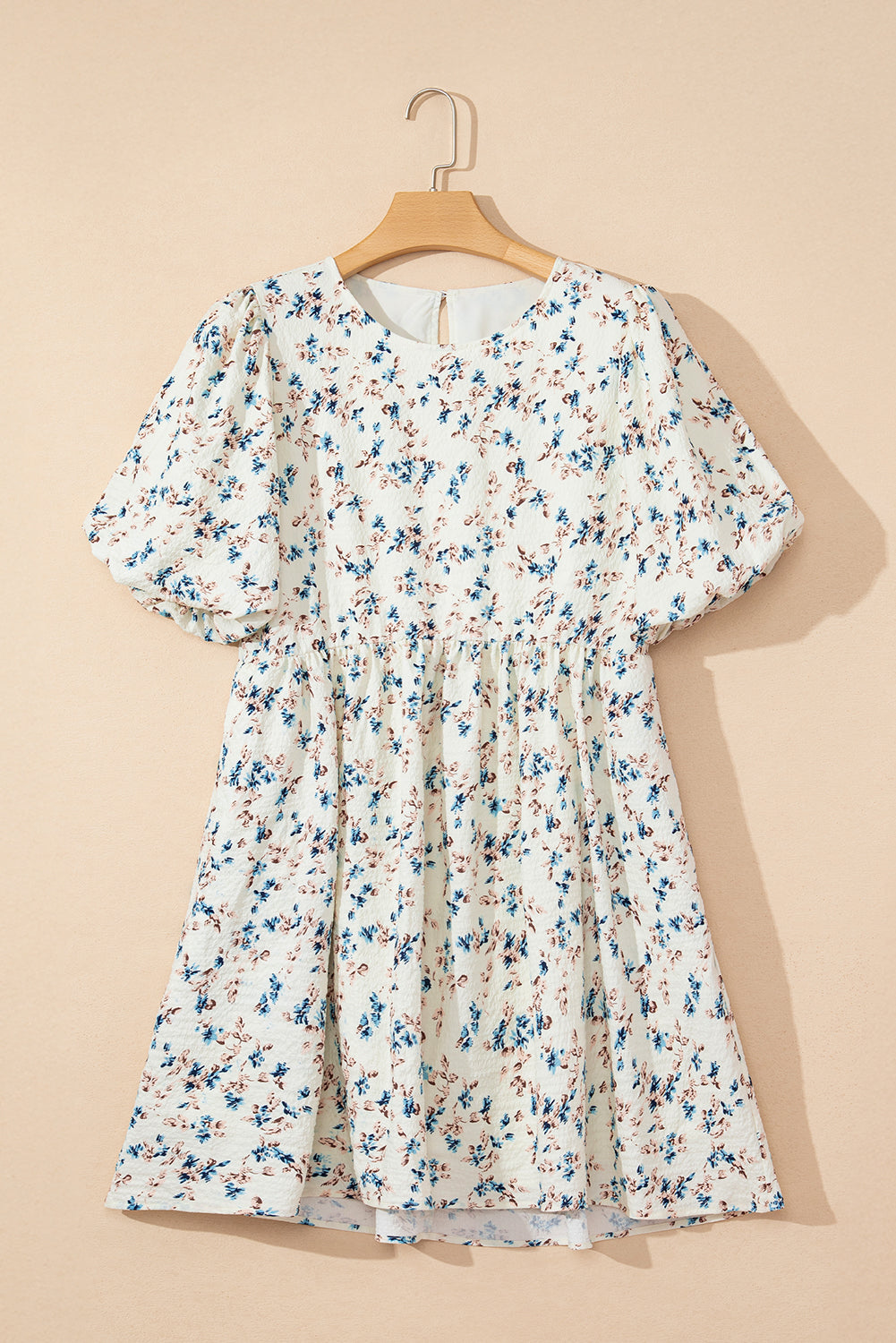 Beige Floral Puff Short Sleeve Empire Waist Mini Dress Floral Dresses JT's Designer Fashion