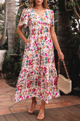 Red Floral Short Sleeve V Neck High Waist Maxi Dress Floral Dresses JT's Designer Fashion