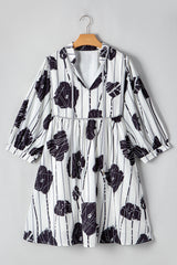 Black Plus Size Floral 3/4 Puff Sleeve Lace-up Neck Mini Dress Plus Size Mini Dresses JT's Designer Fashion