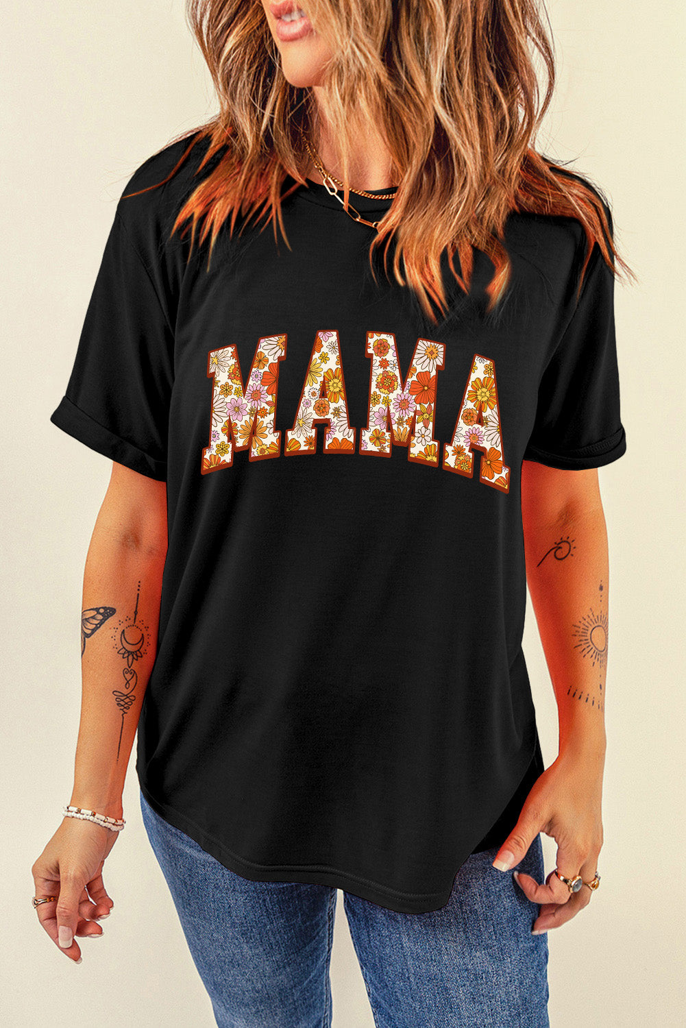 Black Flower Printed Mama Letter Graphic T-shirt Graphic Tees JT's Designer Fashion