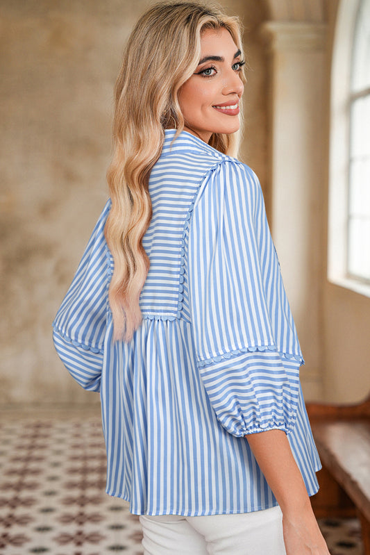 Sky Blue Stripe Shirt Collar V Neck Ricrac Trim 3/4 Puff Sleeve Blouse Blouses & Shirts JT's Designer Fashion