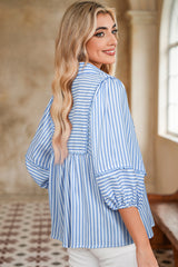 Sky Blue Stripe Shirt Collar V Neck Ricrac Trim 3/4 Puff Sleeve Blouse Blouses & Shirts JT's Designer Fashion