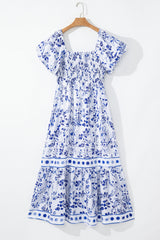 Sky Blue Floral Print Square Neck Bubble Sleeve High Waist Long Dress Maxi Dresses JT's Designer Fashion