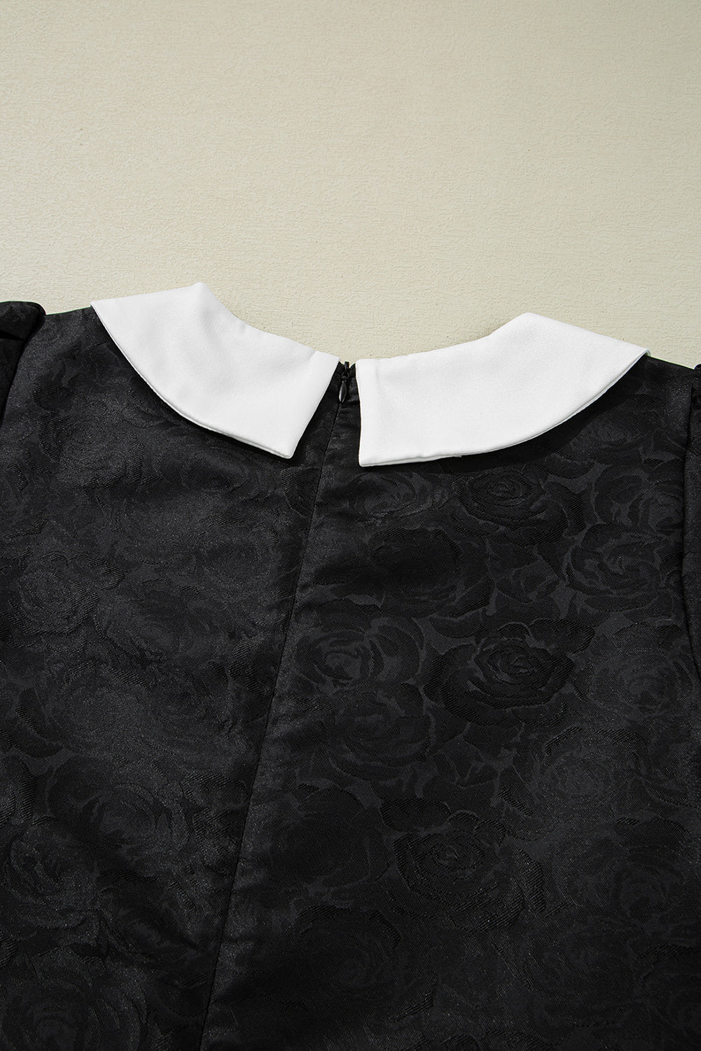 Black Floral Embossed Puff Sleeve Colorblock Bow Collared Mini Dress Mini Dresses JT's Designer Fashion