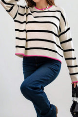 White Stripe Color Contrast Drop Shoulder Crew Neck Sweater Sweaters JT's Designer Fashion