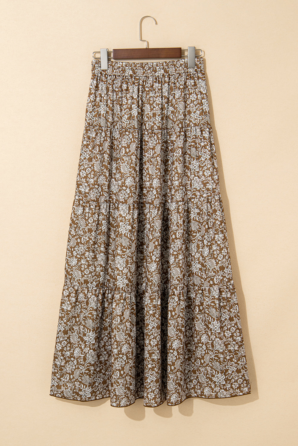 Brown Western Floral Print Ruffled Hem High Waist Loose Maxi Skirt Bottoms JT's Designer Fashion