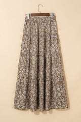 Brown Western Floral Print Ruffled Hem High Waist Loose Maxi Skirt Bottoms JT's Designer Fashion