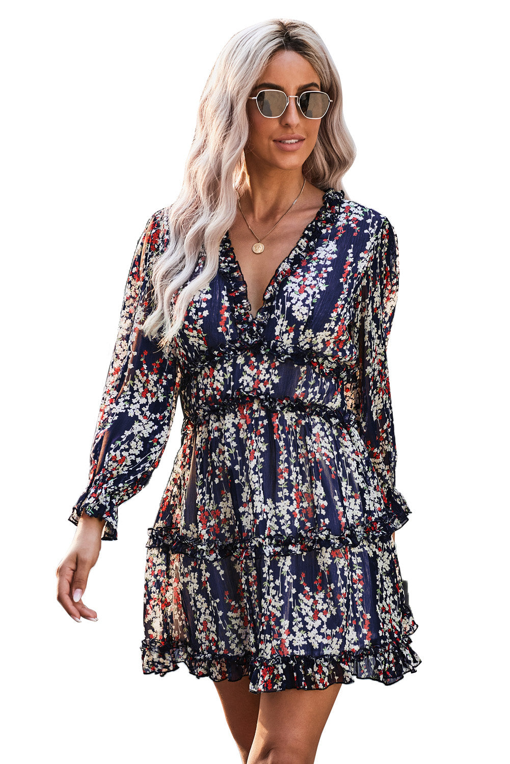 Blue Ruffle Detailing Open Back Floral Dress Floral Dresses JT's Designer Fashion