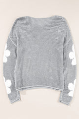 Light Grey Big Flower Hollowed Knit Drop Shoulder Sweater Sweaters JT's Designer Fashion
