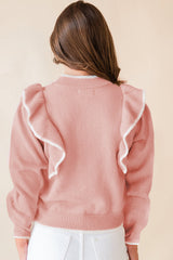 Light Pink Ruffled Bowknot Ribbed Trim Long Sleeve Sweater Sweaters JT's Designer Fashion