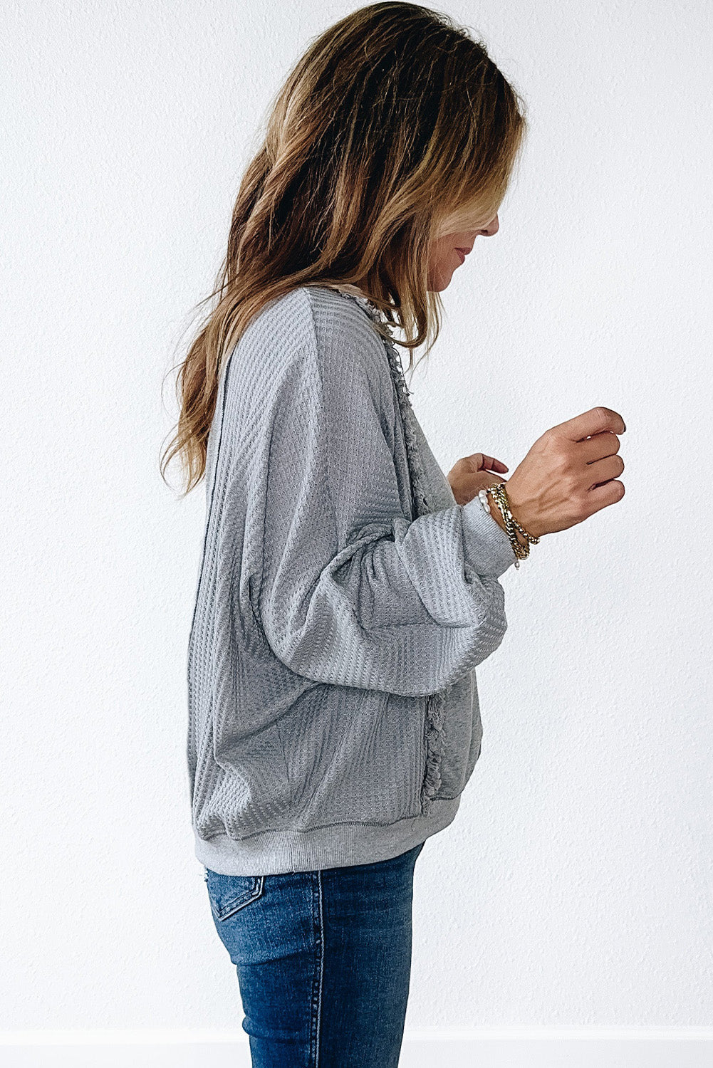 Light Grey Waffle Patchwork Long Sleeve Raw Hem Pullover Top Long Sleeve Tops JT's Designer Fashion