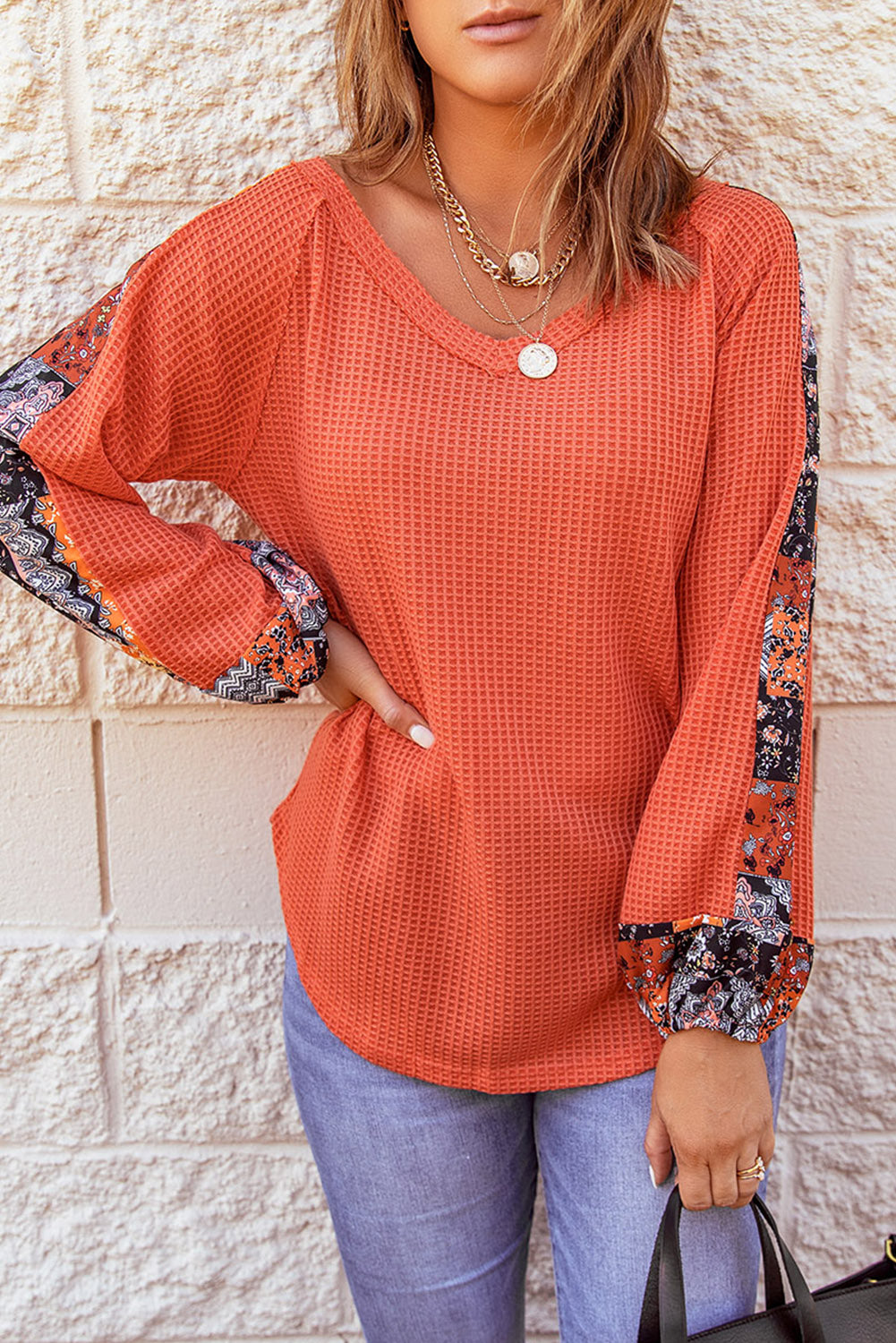 Orange Contrast Eyelet Thermal Knit Top Long Sleeve Tops JT's Designer Fashion
