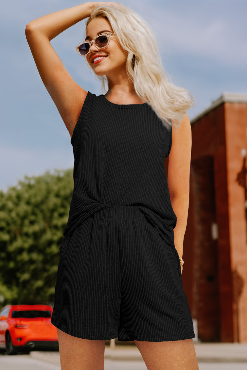 Black Corded Sleeveless Top and Pocketed Shorts Set Short Sets JT's Designer Fashion