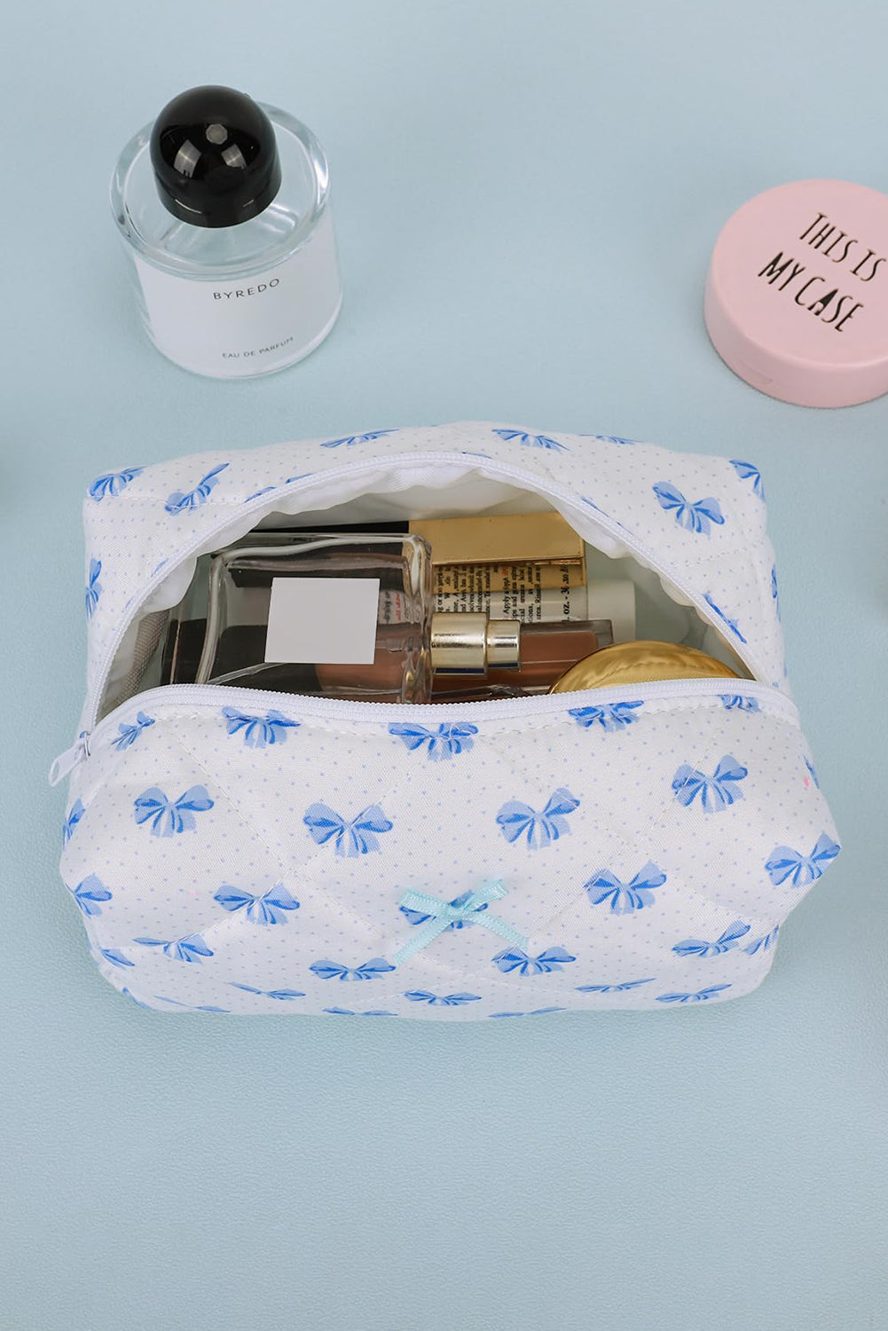 Sky Blue Bow Knot Quilted Zipper Makeup Bag Makeup Bags JT's Designer Fashion