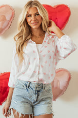 White Love Heart Print Drop Shoulder Puff Sleeve Shirt Blouses & Shirts JT's Designer Fashion
