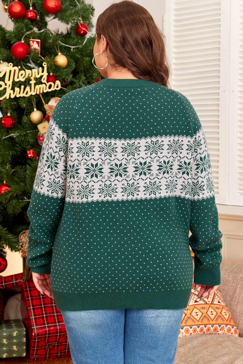 Green Christmas Snowflake Pattern Drop Shoulder Plus Size Sweater Plus Size Sweaters & Cardigans JT's Designer Fashion
