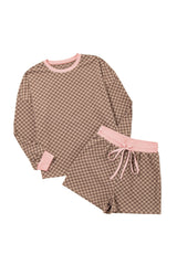 Brown Checkerboard Long Sleeve Pullover and Shorts Set Short Sets JT's Designer Fashion