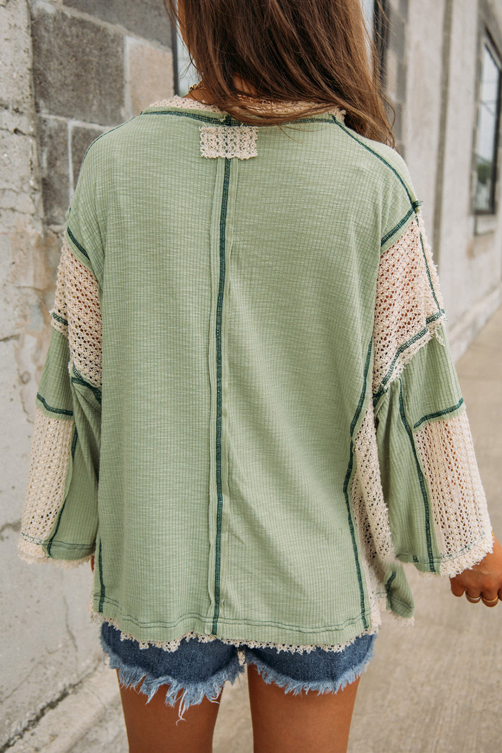 Grass Green Crochet Detail Exposed Seam High Low Loose Top Long Sleeve Tops JT's Designer Fashion