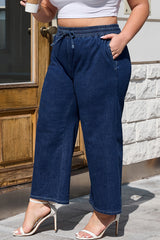 Real Teal Plus Size Drawstring High Waist Wide Leg Casual Jeans Plus Size Bottoms JT's Designer Fashion