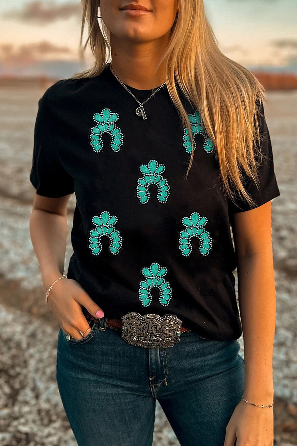Black Western Turquoise Pattern Sequin Patched T Shirt Graphic Tees JT's Designer Fashion