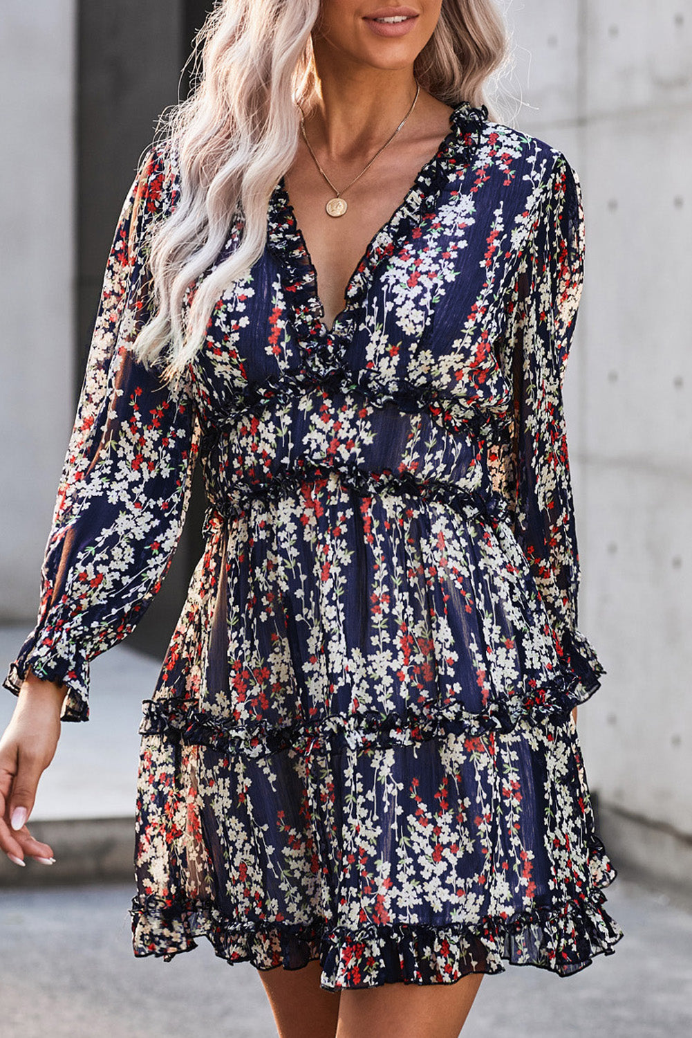 Blue Ruffle Detailing Open Back Floral Dress Blue 95%Polyester+5%Spandex Floral Dresses JT's Designer Fashion