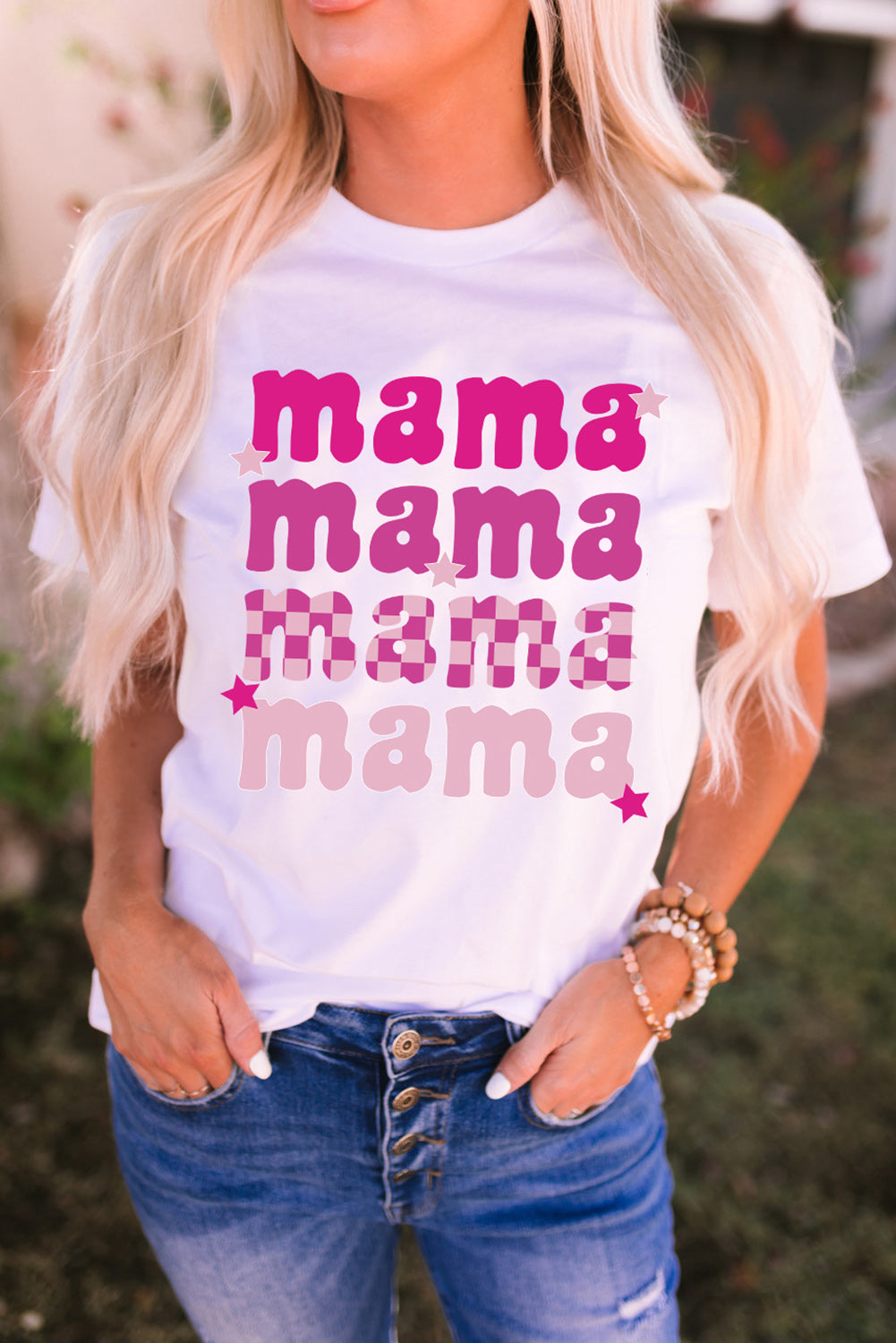 White Round Neck mama Graphic Casual Tee Graphic Tees JT's Designer Fashion