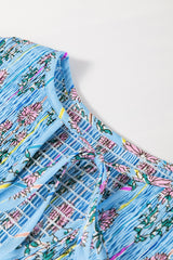 Sky Blue Floral Striped Print Shirred Yoke Split Neck Blouse Blouses & Shirts JT's Designer Fashion
