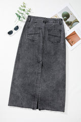 Dark Grey Denim Raw Hem Back Split High Waist Long Skirt Skirts & Petticoat JT's Designer Fashion
